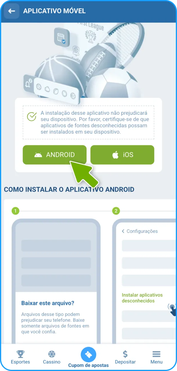 Inicie o download do arquivo de instalação do 1xBet App no seu dispositivo.