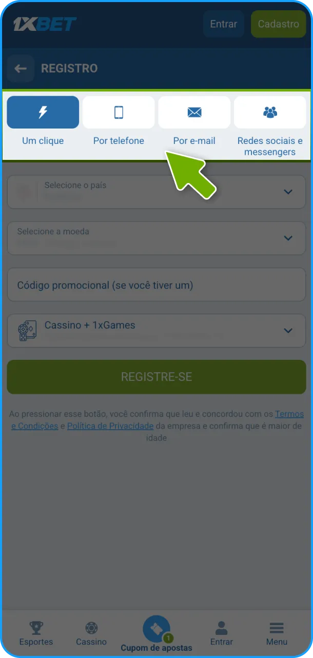 Comece o seu cadastro escolhendo o método de registro no 1xBet App.