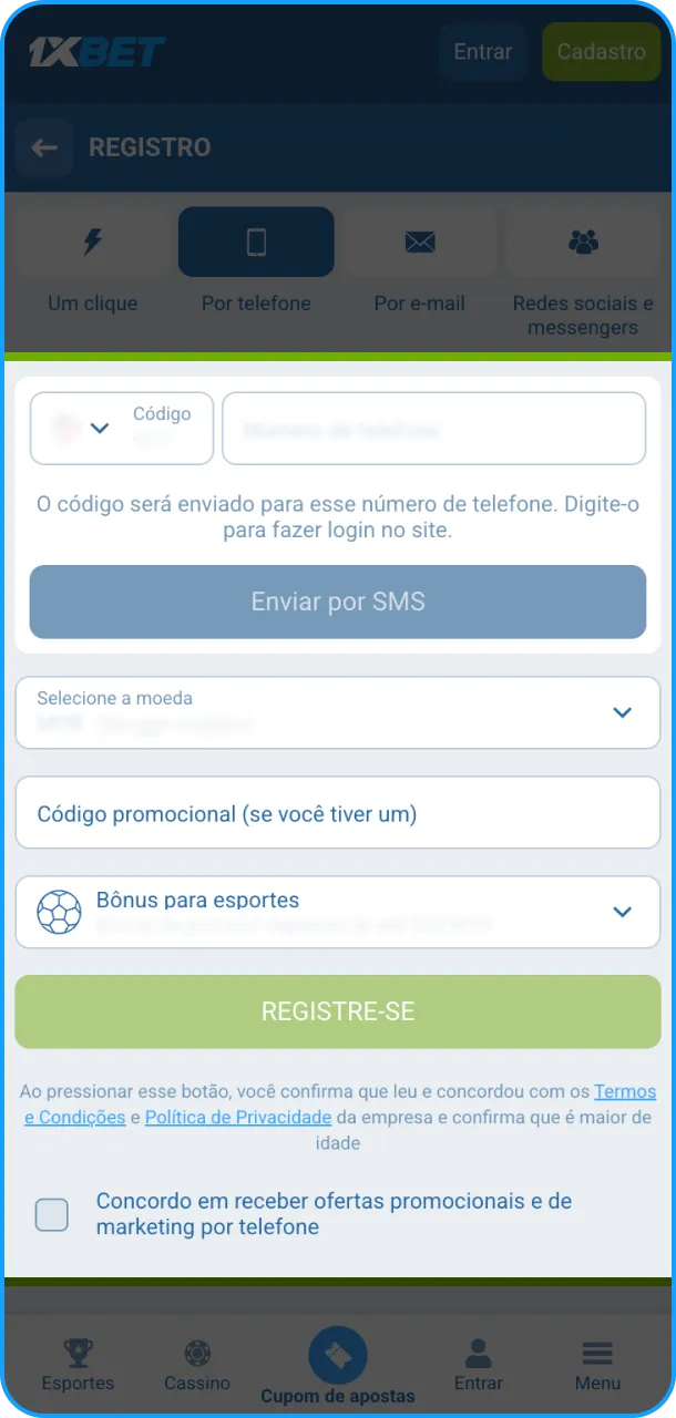 Prossiga com o preenchimento de dados e confirmação no seu 1xBet App.