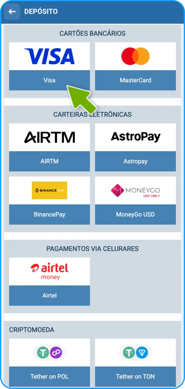 Adicione fundos e faça o seu primeiro depósito para o Aviator.