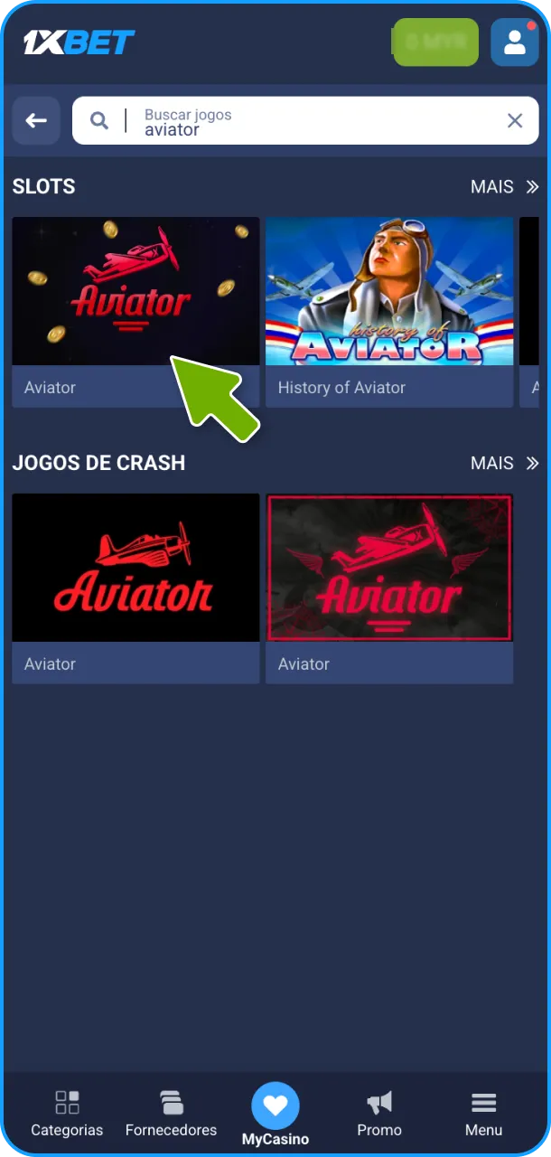 Use a barra de busca para pesquisar e iniciar um jogo Aviator.