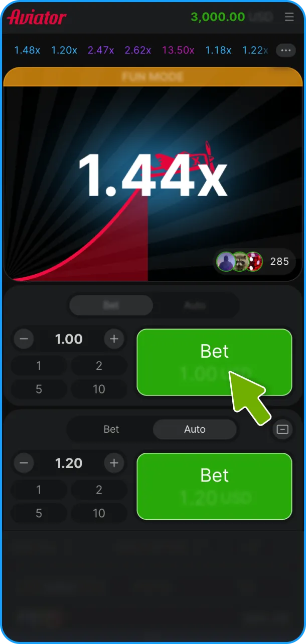 Defina o valor e faça sua primeira aposta no Aviator 1xBet.