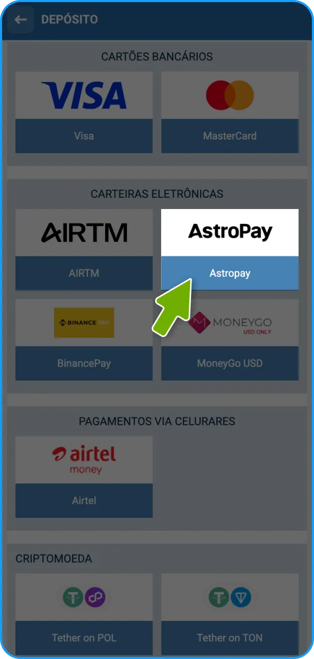 Comece escolhendo um método de depósito para sua conta Aviator 1xBet.