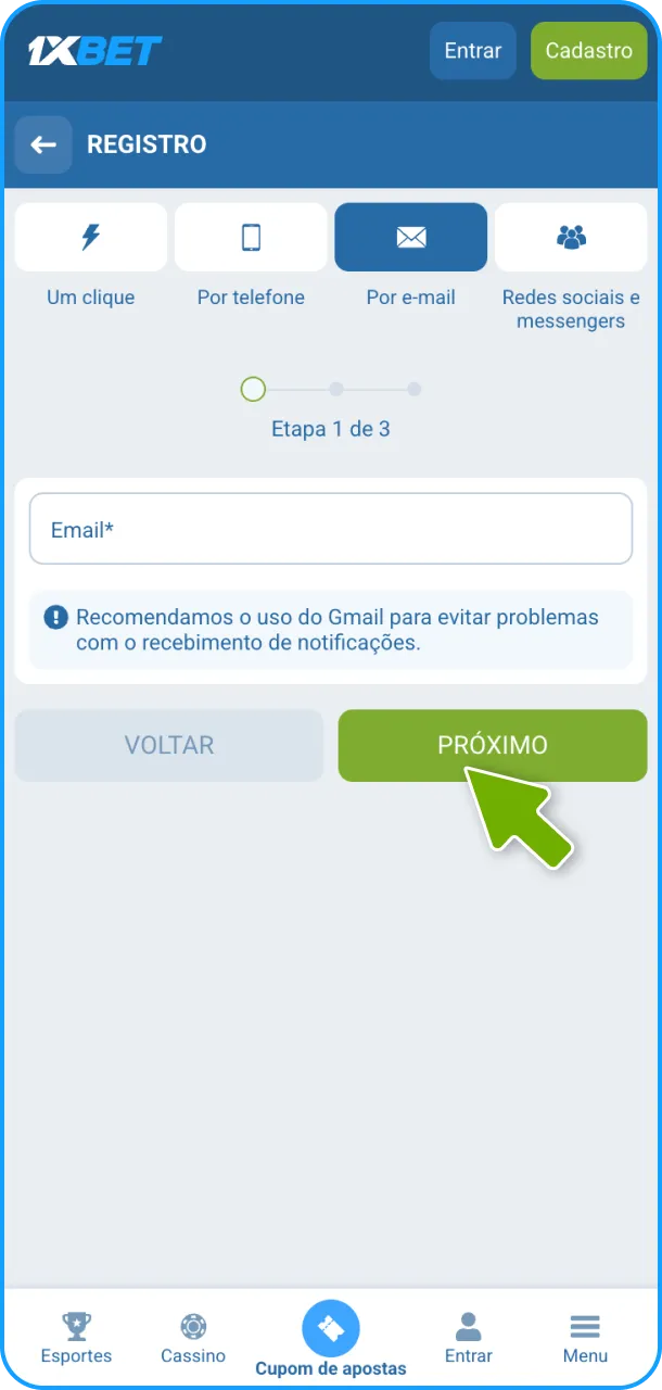 Inicie o seu registo na plataforma 1xBet para começar a ganhar.