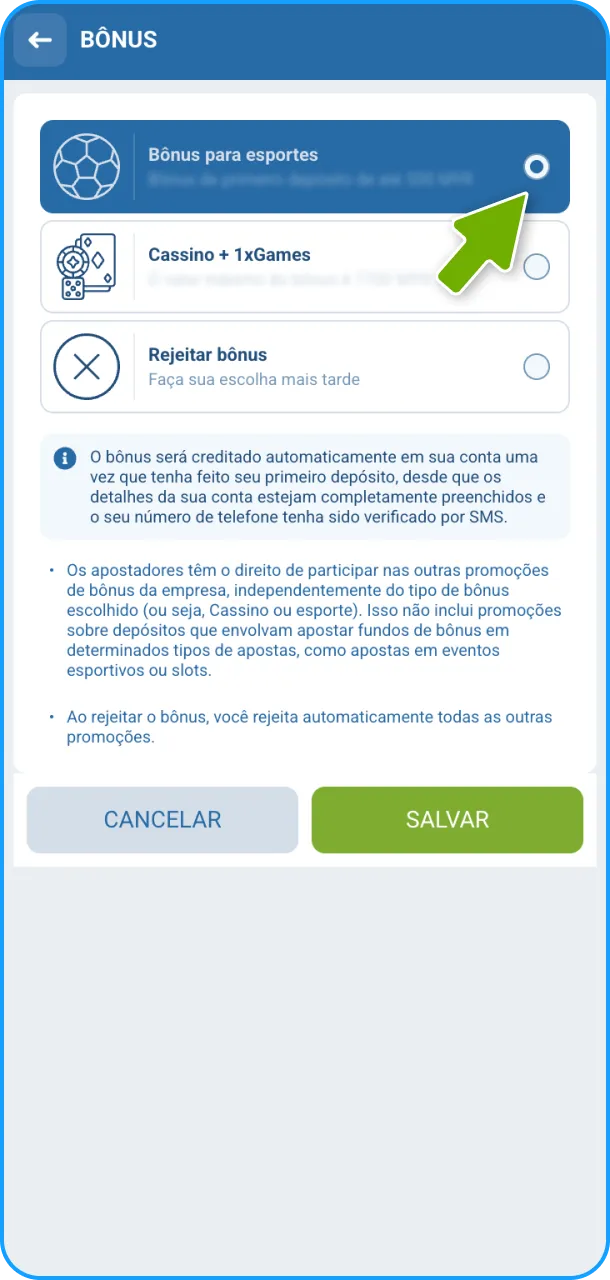 Escolha e selecione o bónus para esportes durante o seu cadastro na 1xBet.