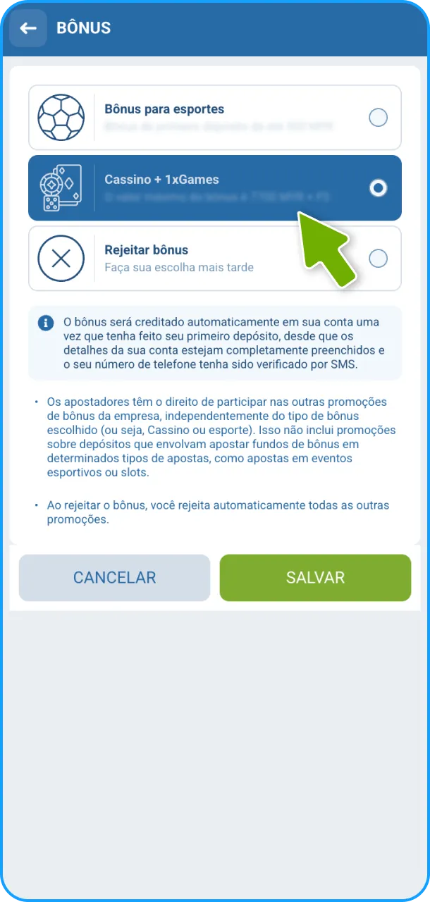 Faça a seleção e ativação do bônus de boas-vindas no 1xBet.