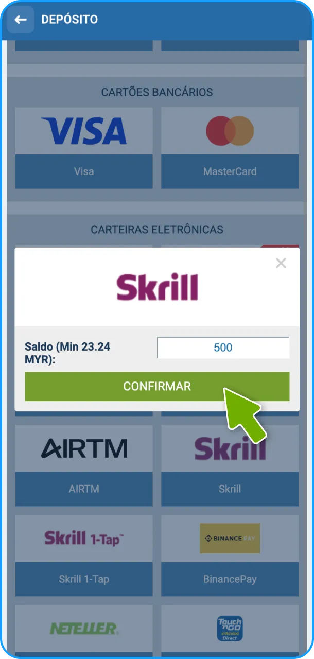 Adicione fundos através de um depósito seguro na sua conta 1xBet.