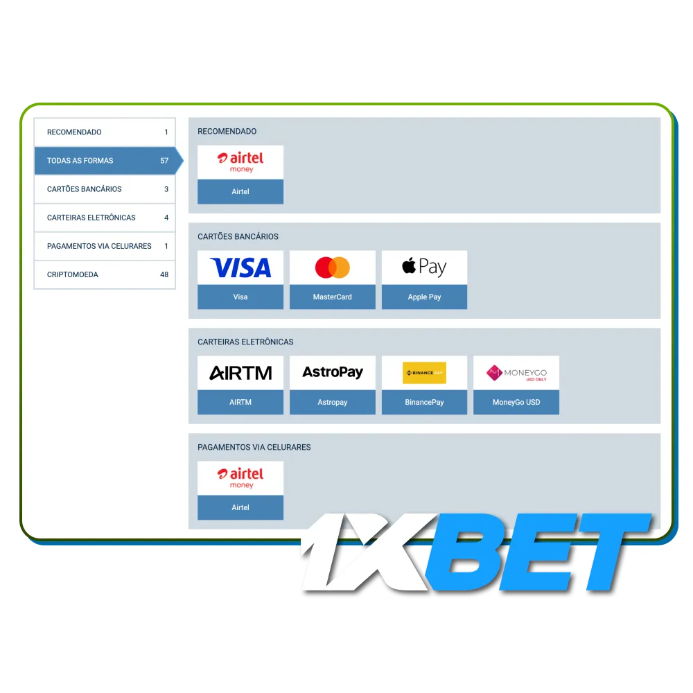 Use o site oficial para ver as opções de depósito e retirada na 1xBet Brasil.
