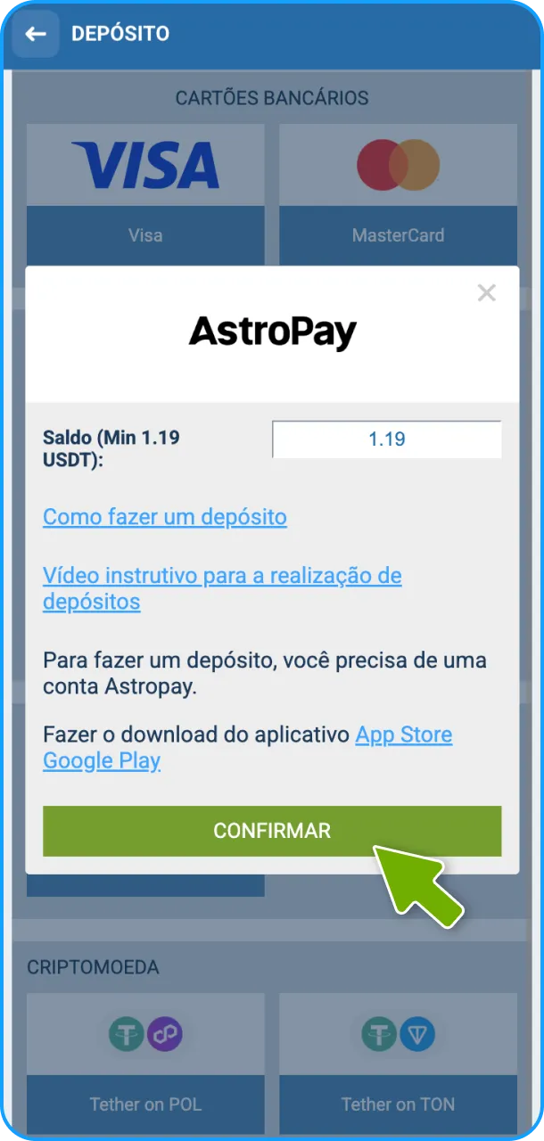 Prossiga para inserir o valor e confirmar sua transação na 1xBet.