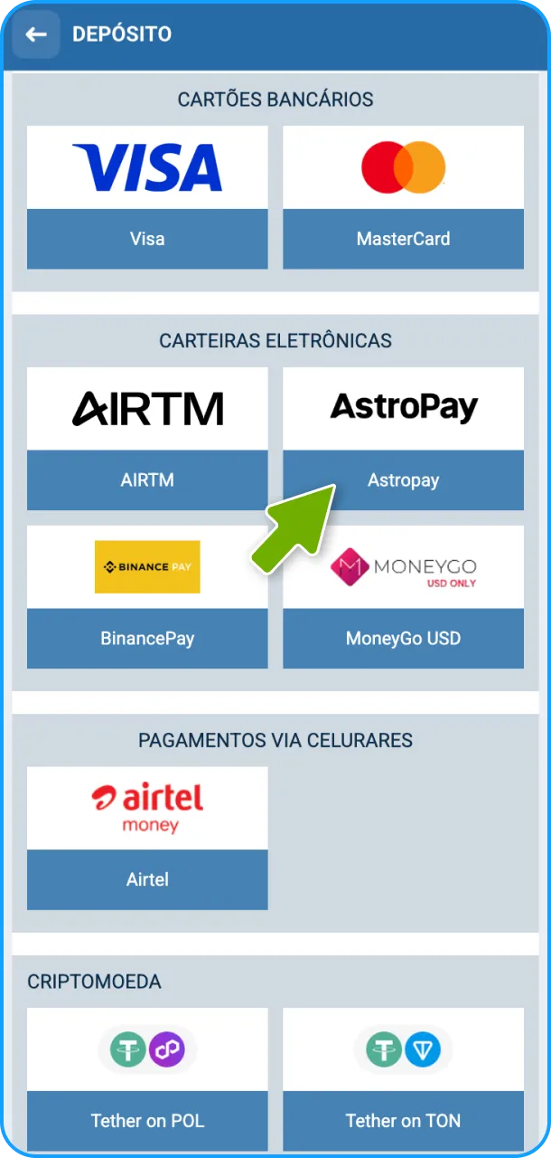 Comece escolhendo um método de depósito seguro na plataforma 1xBet.