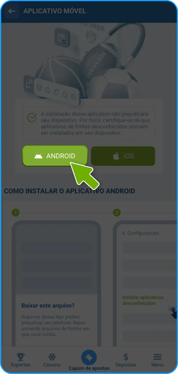 Clique no botão para ir para a página de download do 1xBet.