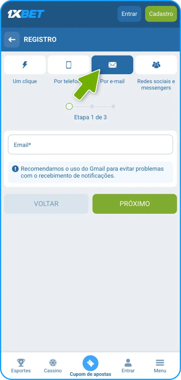 Escolha a opção e cadastre-se por e-mail no site oficial da 1xBet.