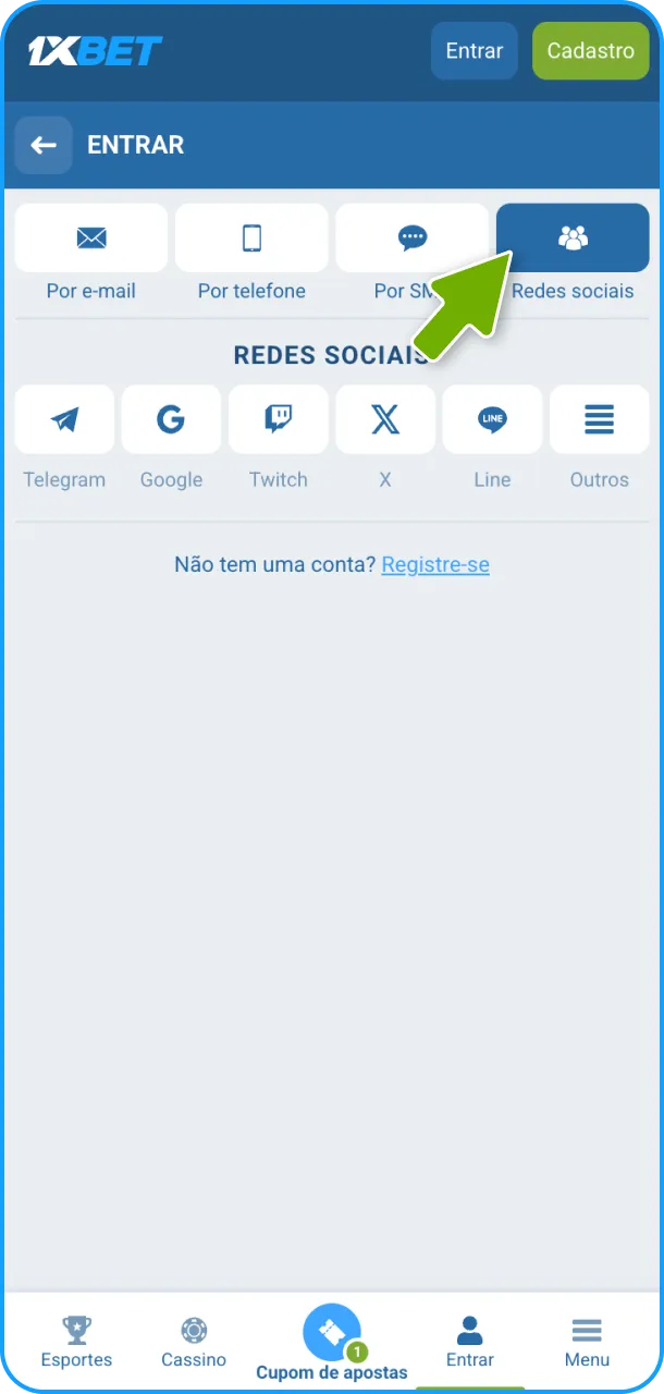 Cadastre – se através de redes sociais para acessar a 1xBet rapidamente.