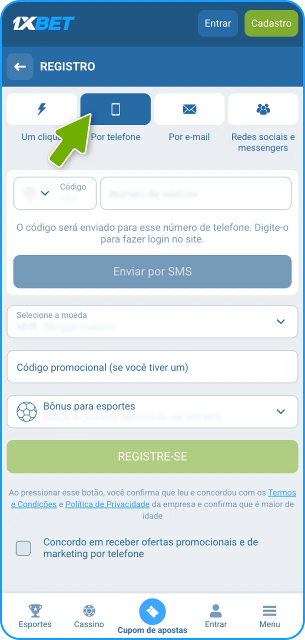 Crie sua conta com o registo por número de telefone na 1xBet.