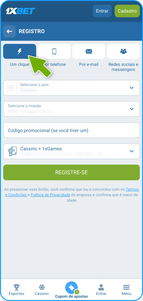 Utilize a função de registro com um clique para entrar na 1xBet.