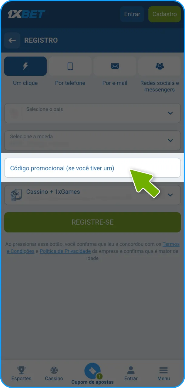 Digite o código durante o registro ou na área do cliente 1xBet.
