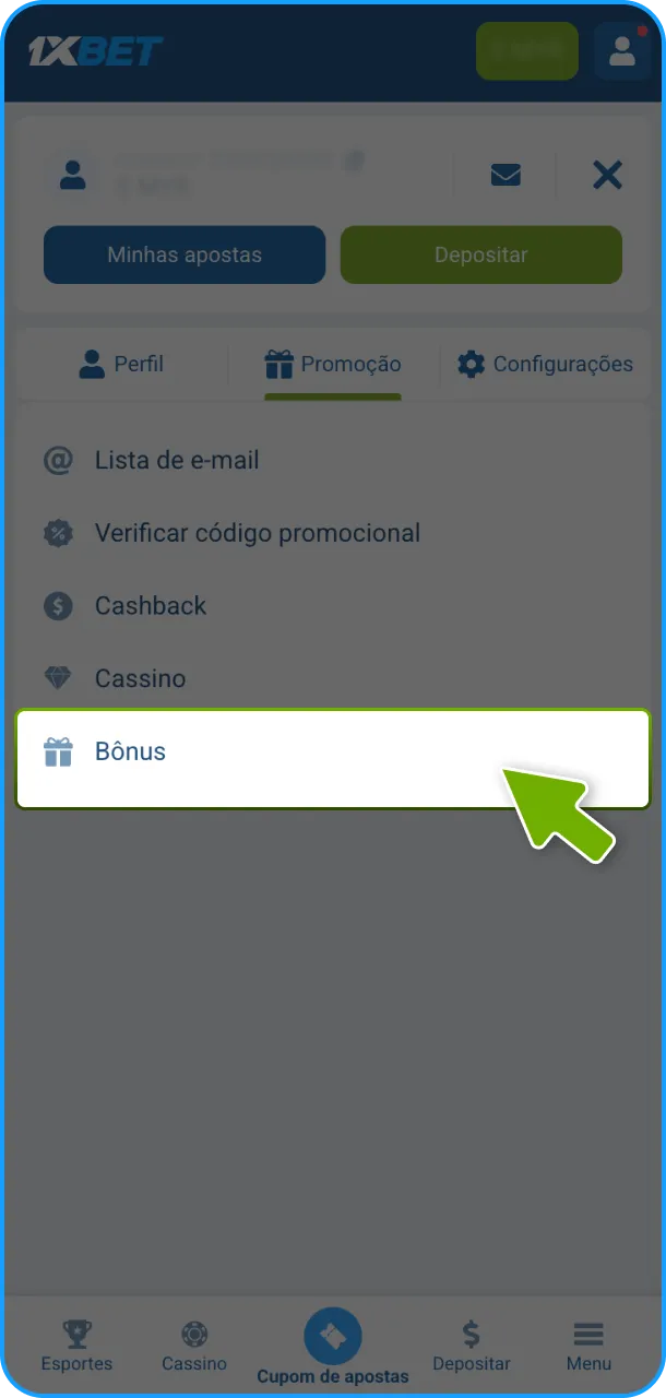 Acesse seu perfil para realizar a verificação de crédito promocional na 1xBet.
