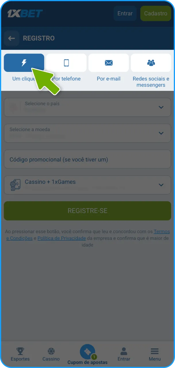 Inicie o processo com a seleção de país e método de registro.