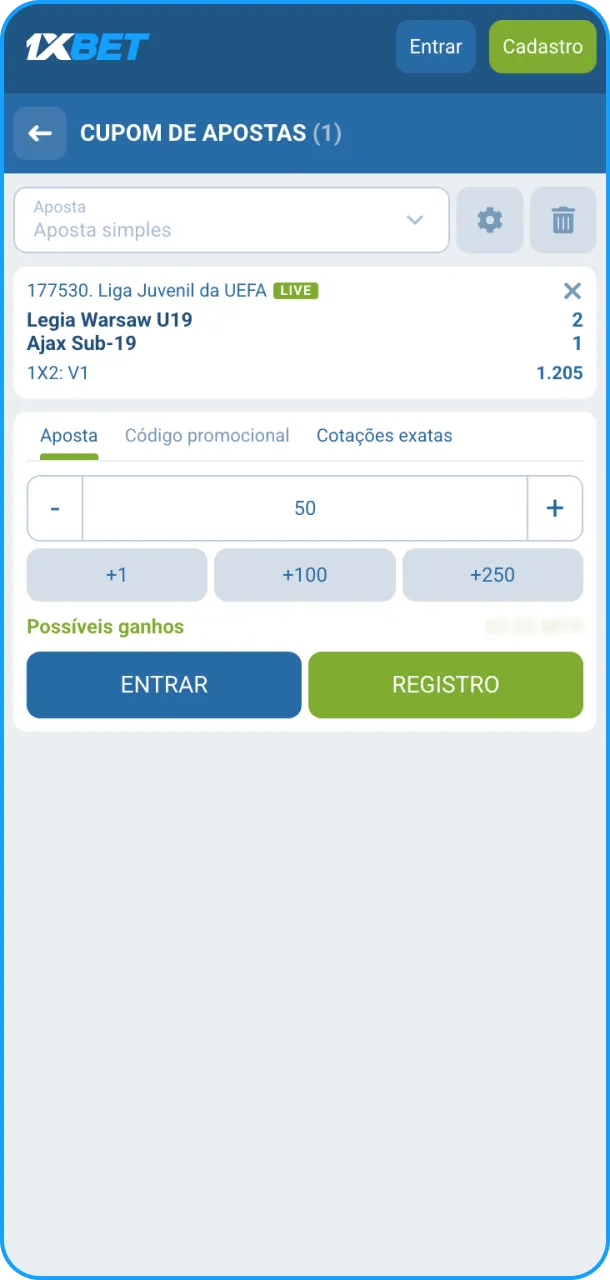 Defina o valor do palpite para fazer uma aposta na 1xBet.