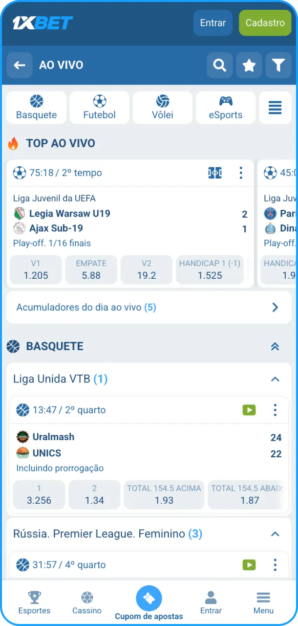 Explore todas as funcionalidades na navegação no site ou aplicativo 1xBet.