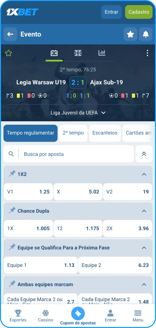 Verifique as odds com a seleção de eventos e mercado na 1xBet.