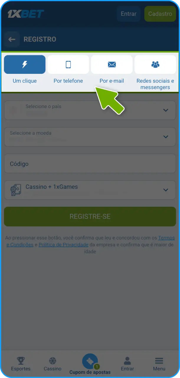 Comece o seu cadastro escolhendo o método de registro no 1xBet App.