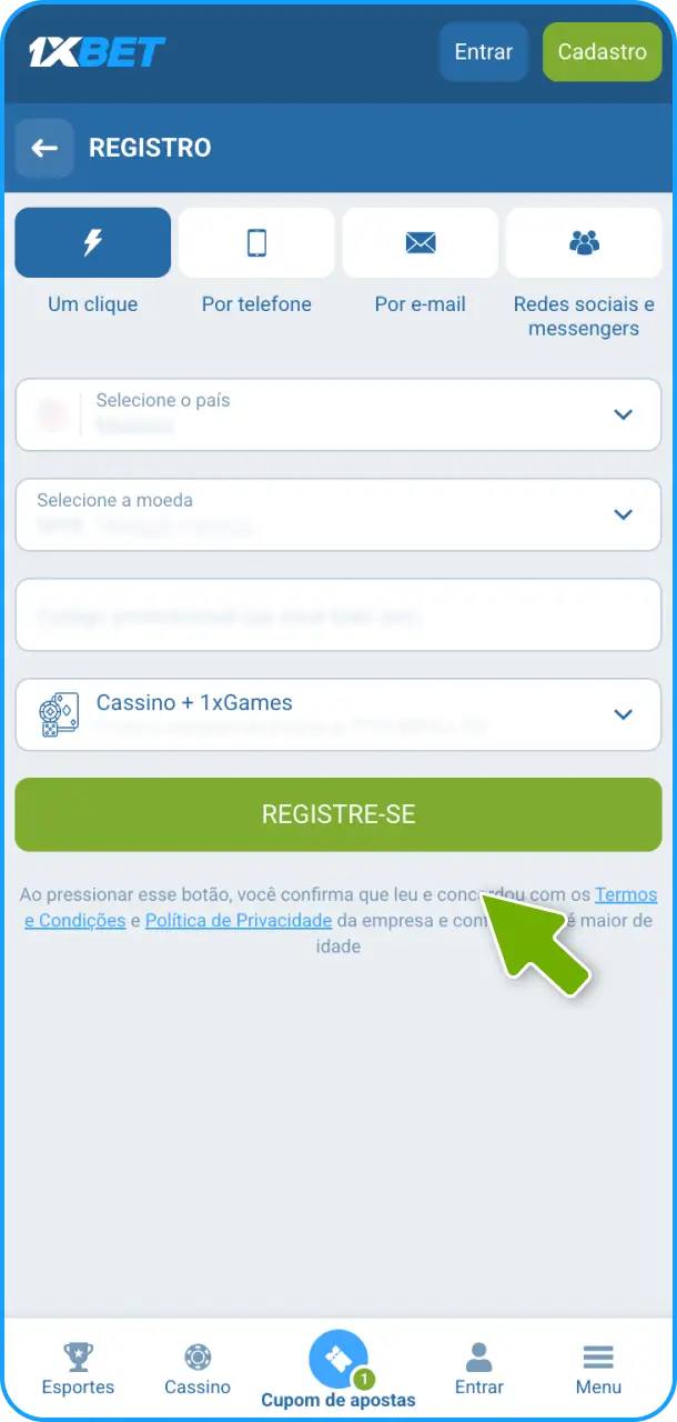 Realize o seu registro de conta na plataforma 1xBet para começar.